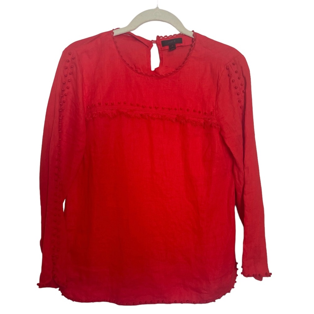 J. Crew Red/Orange Embroidered French Knot Fringe Linen Top-Size 4